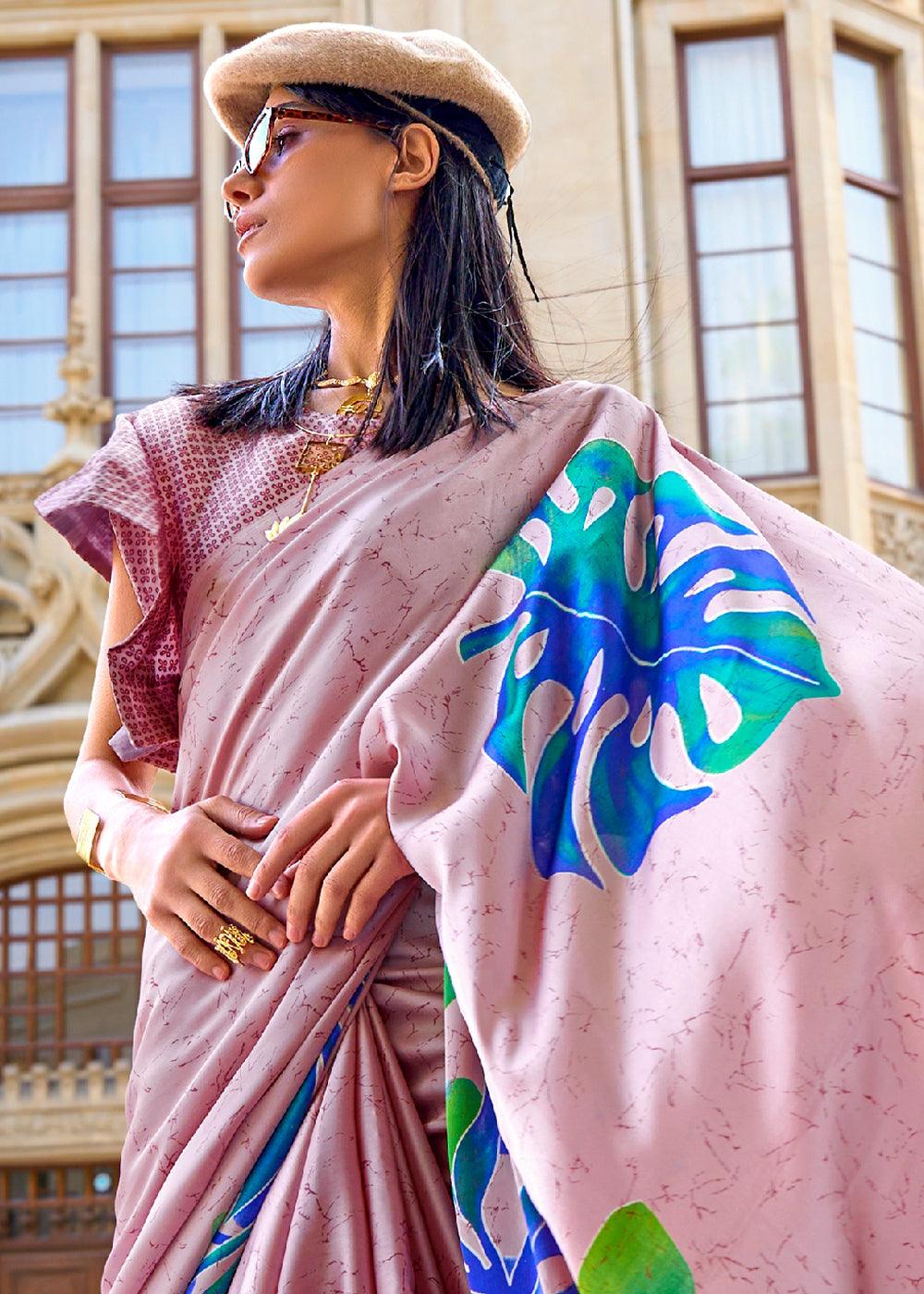 Flamingo Pink Designer Satin Crepe Printed Saree - qivii