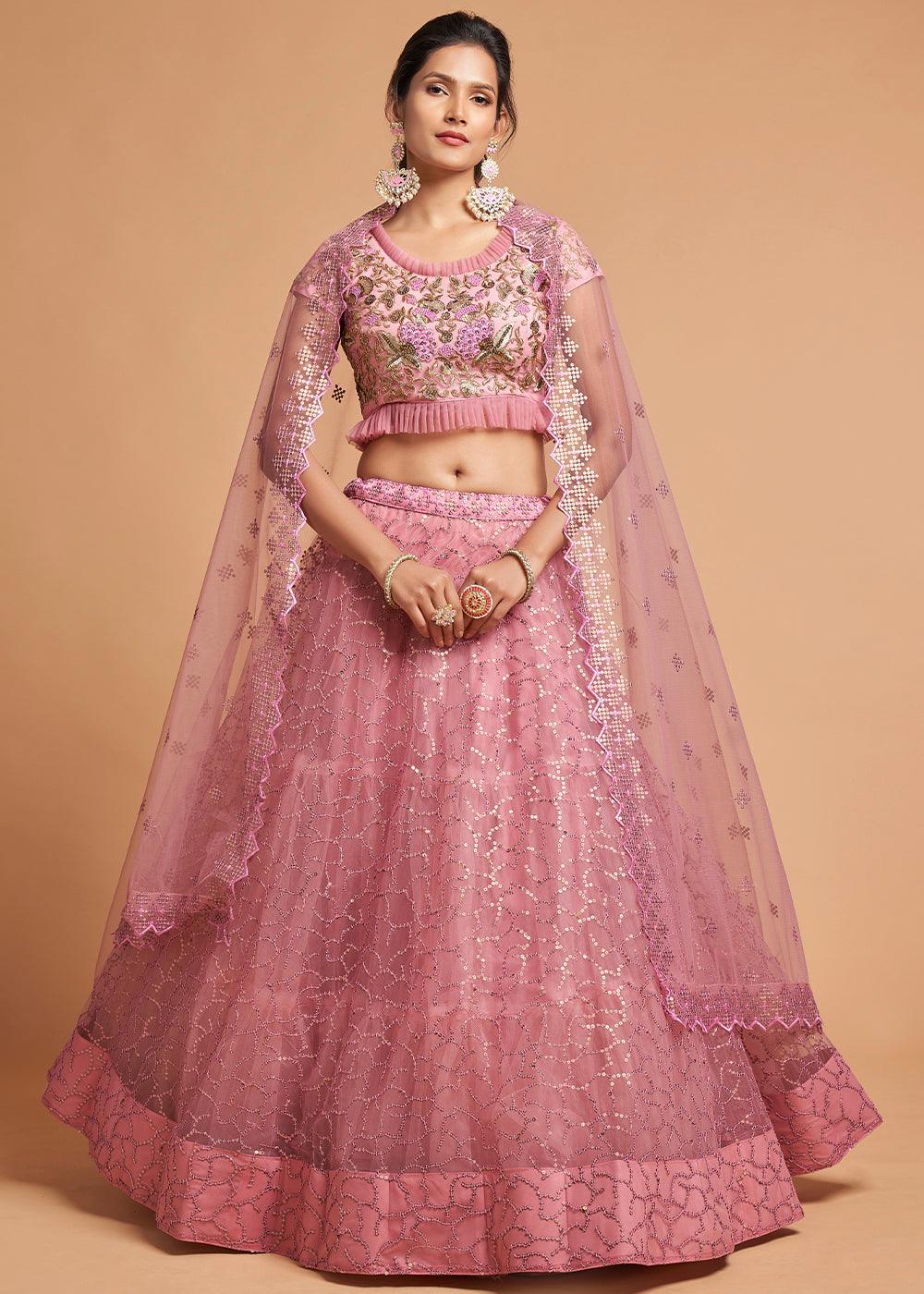 Flamingo Pink Designer Soft Net Lehenga Choli with Zari, Dori & Thread Embroidery work - qivii