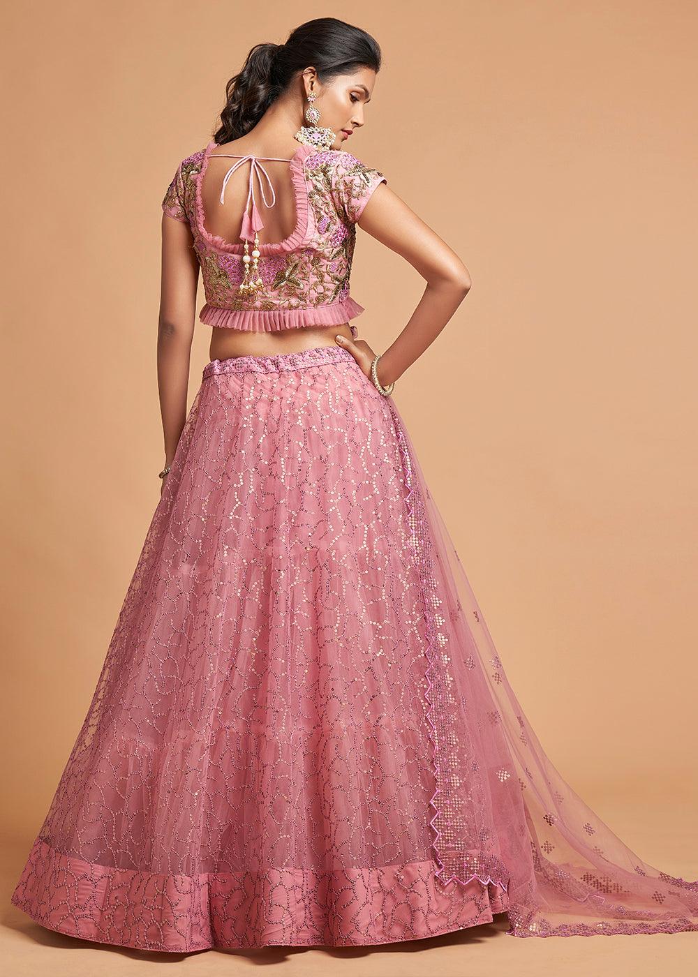 Flamingo Pink Designer Soft Net Lehenga Choli with Zari, Dori & Thread Embroidery work - qivii