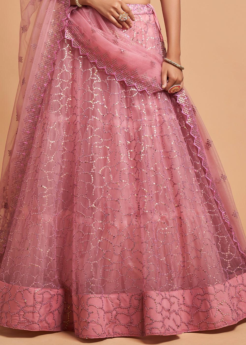 Flamingo Pink Designer Soft Net Lehenga Choli with Zari, Dori & Thread Embroidery work - qivii