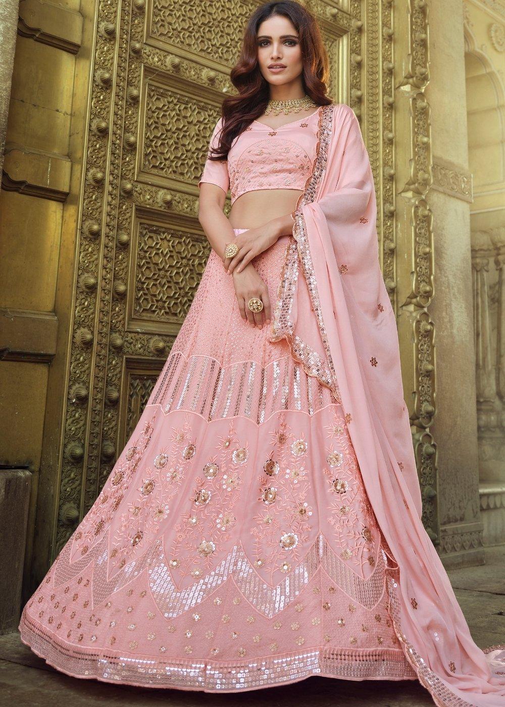 Flamingo Pink Georgette Lehenga Choli with Sequins & Thread work - qivii