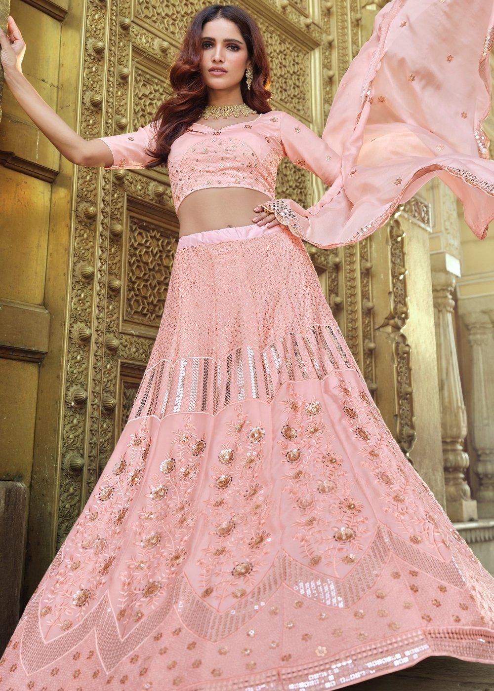 Flamingo Pink Georgette Lehenga Choli with Sequins & Thread work - qivii