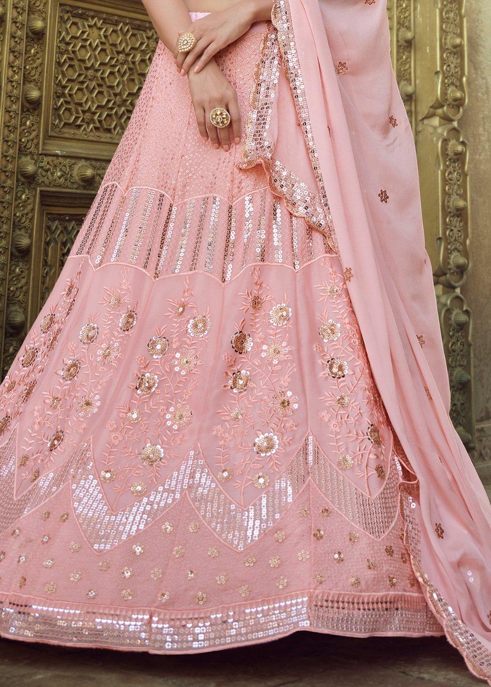 Flamingo Pink Georgette Lehenga Choli with Sequins & Thread work - qivii