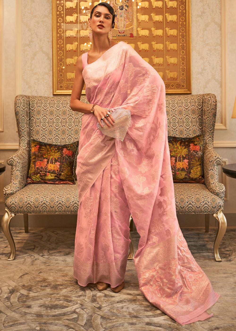 Flamingo Pink Handloom Woven Silk Saree with Sequins work | Stitched Blouse - qivii