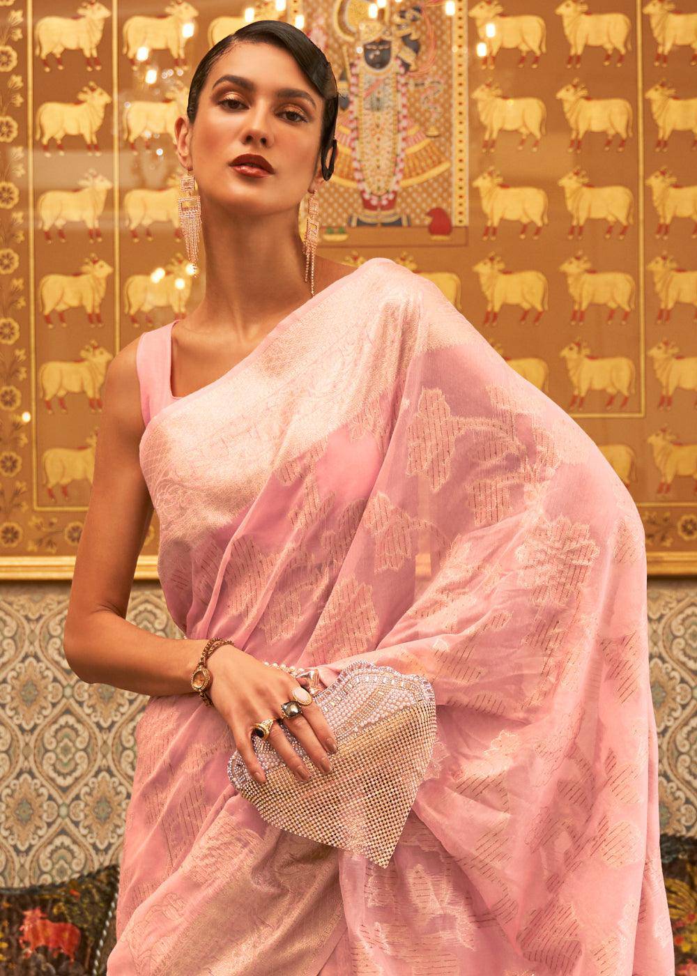 Flamingo Pink Handloom Woven Silk Saree with Sequins work | Stitched Blouse - qivii