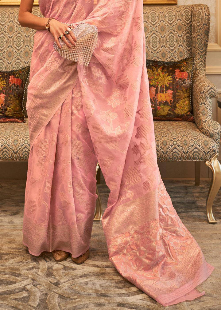 Flamingo Pink Handloom Woven Silk Saree with Sequins work | Stitched Blouse - qivii