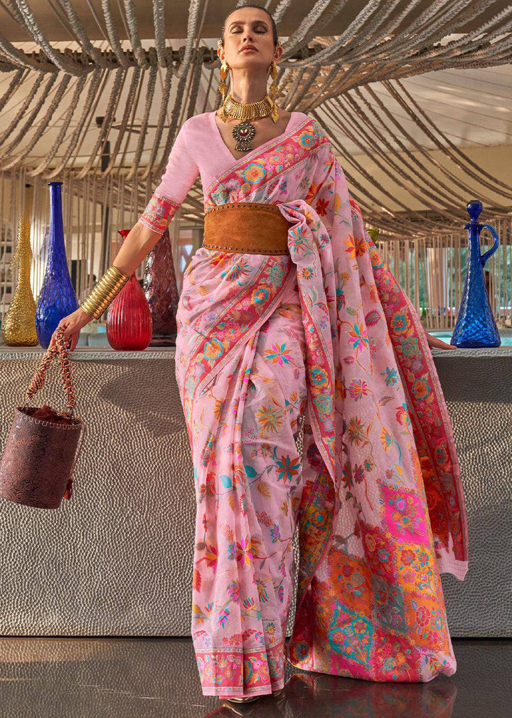 Flamingo Pink Jamawar Woven Cotton Silk Saree | Stitched Blouse - qivii