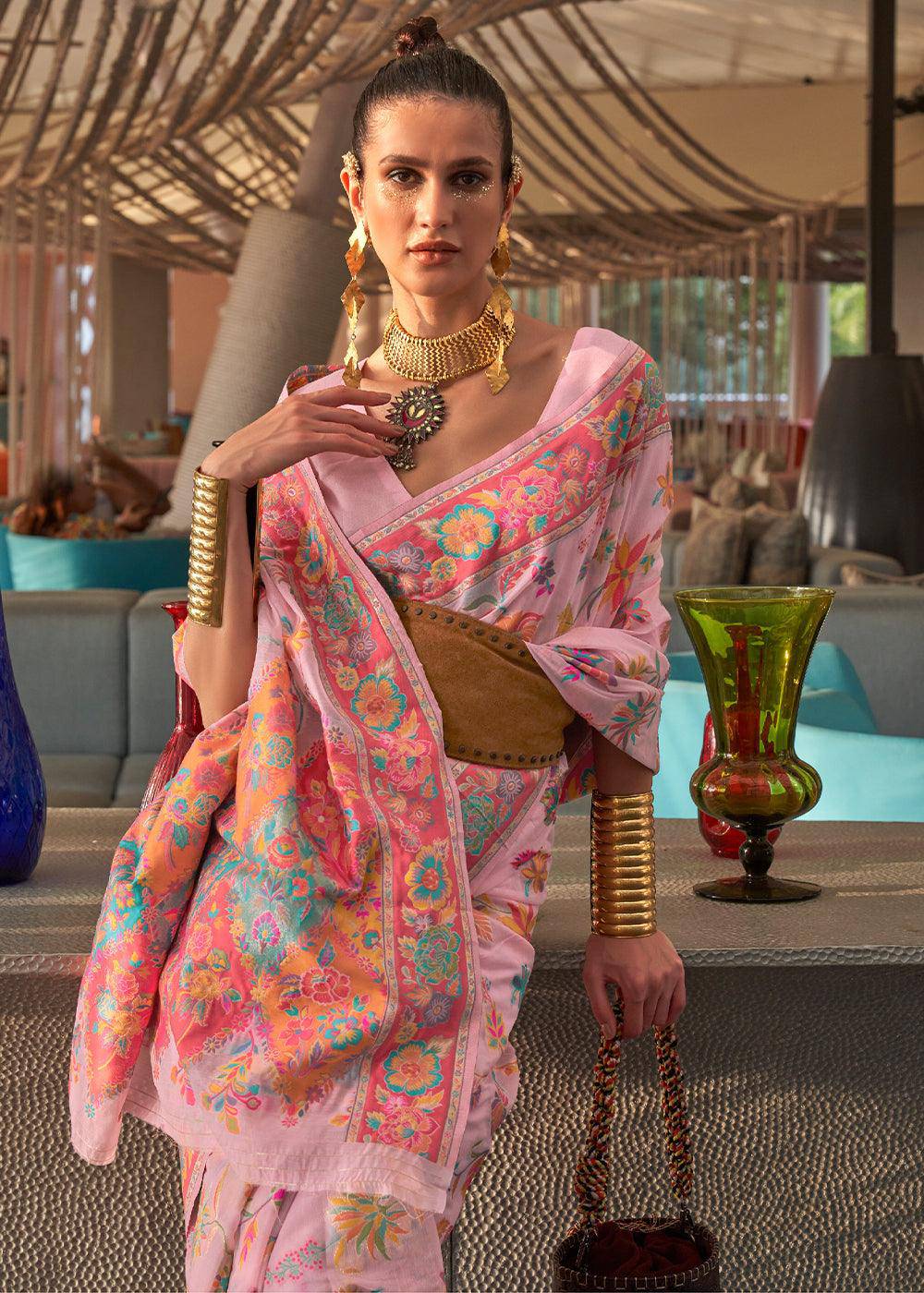 Flamingo Pink Jamawar Woven Cotton Silk Saree | Stitched Blouse - qivii