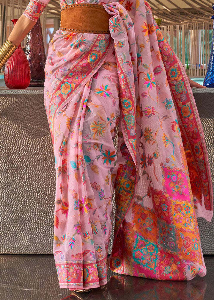 Flamingo Pink Jamawar Woven Cotton Silk Saree | Stitched Blouse - qivii