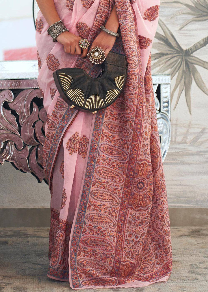 Flamingo Pink Kashmiri Handloom Weaving Silk Saree | Stitched Blouse - qivii