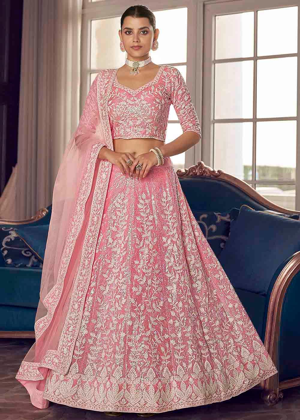 Flamingo Pink Organza Lehenga Choli with Sequins & Thread work - qivii