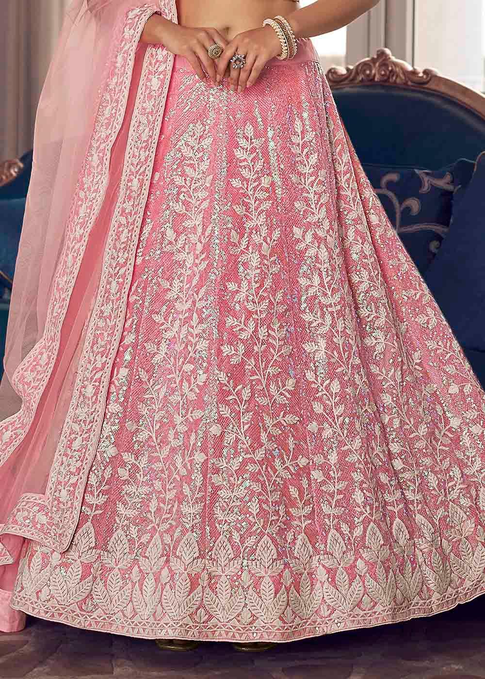 Flamingo Pink Organza Lehenga Choli with Sequins & Thread work - qivii