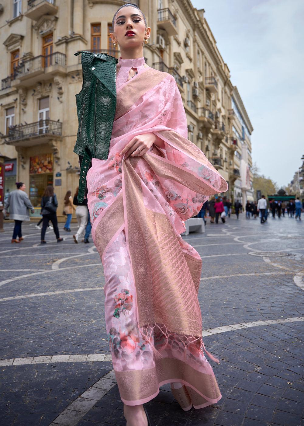 Flamingo Pink Printed Soft Silk Saree - qivii