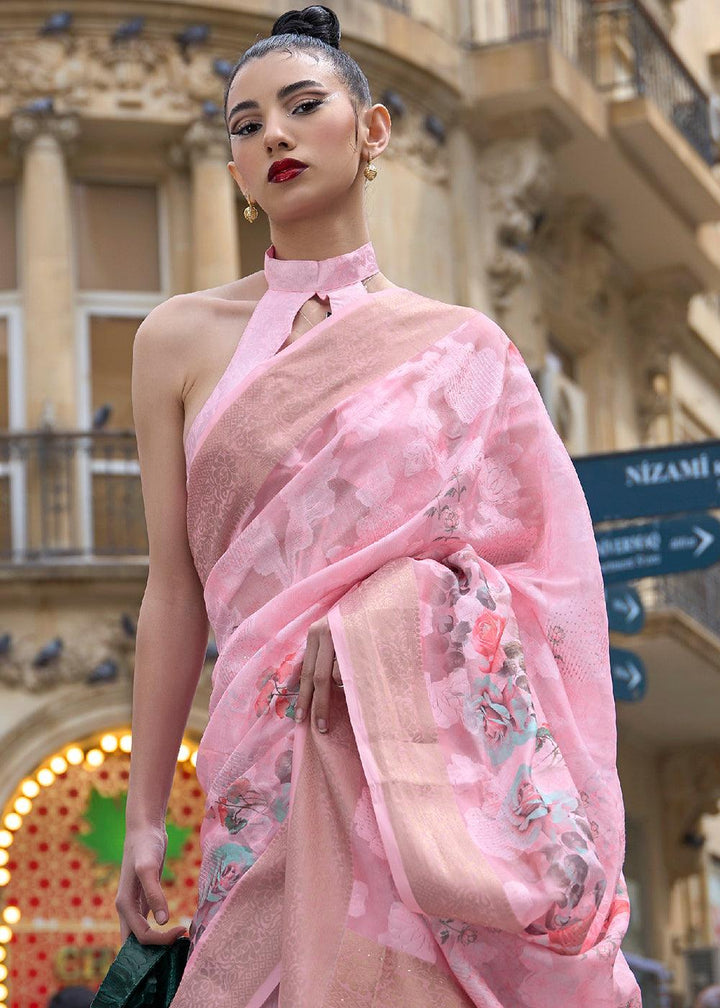 Flamingo Pink Printed Soft Silk Saree - qivii