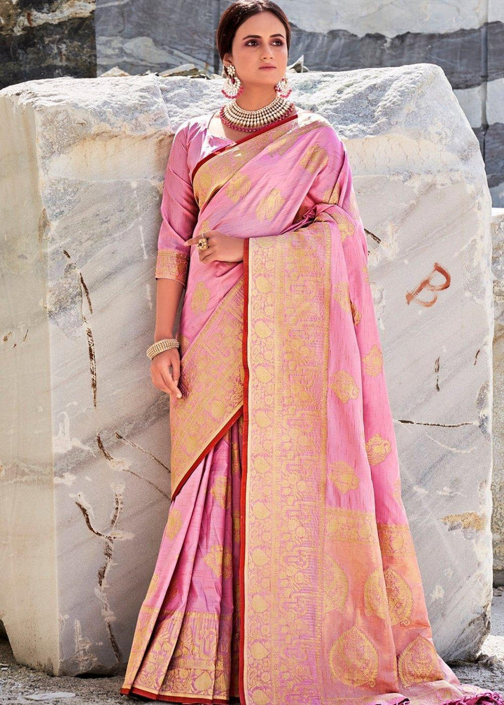 Flamingo Pink Woven Designer Silk Saree with Butti overall | Stitched Blouse - qivii