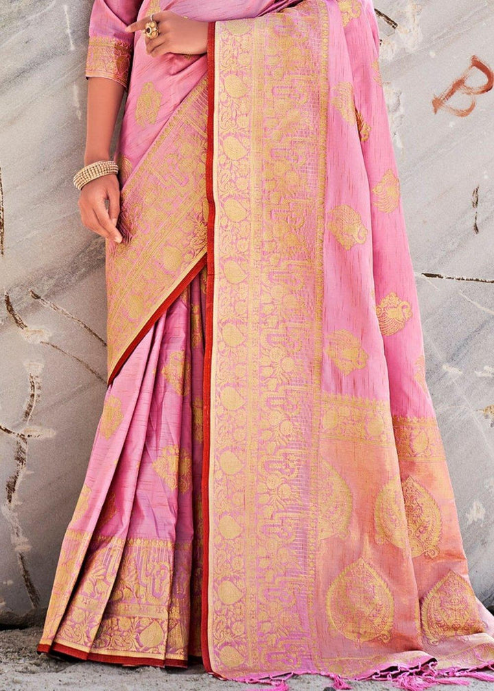 Flamingo Pink Woven Designer Silk Saree with Butti overall | Stitched Blouse - qivii