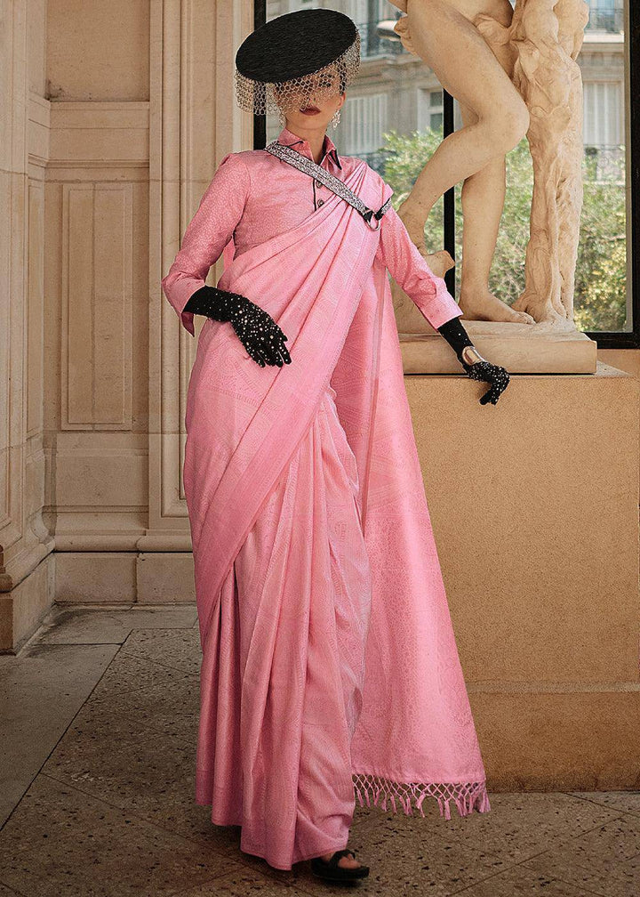 Flamingo Pink Woven Satin Silk Saree | Stitched Blouse - qivii