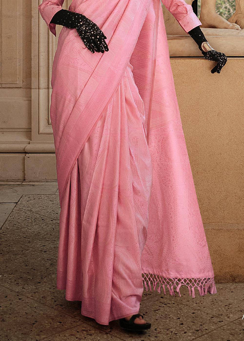 Flamingo Pink Woven Satin Silk Saree | Stitched Blouse - qivii