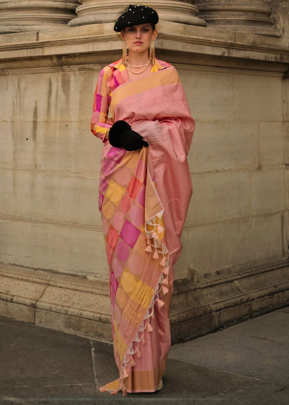 Flamingo Pink Zari Handloom Woven Soft Silk Saree - qivii