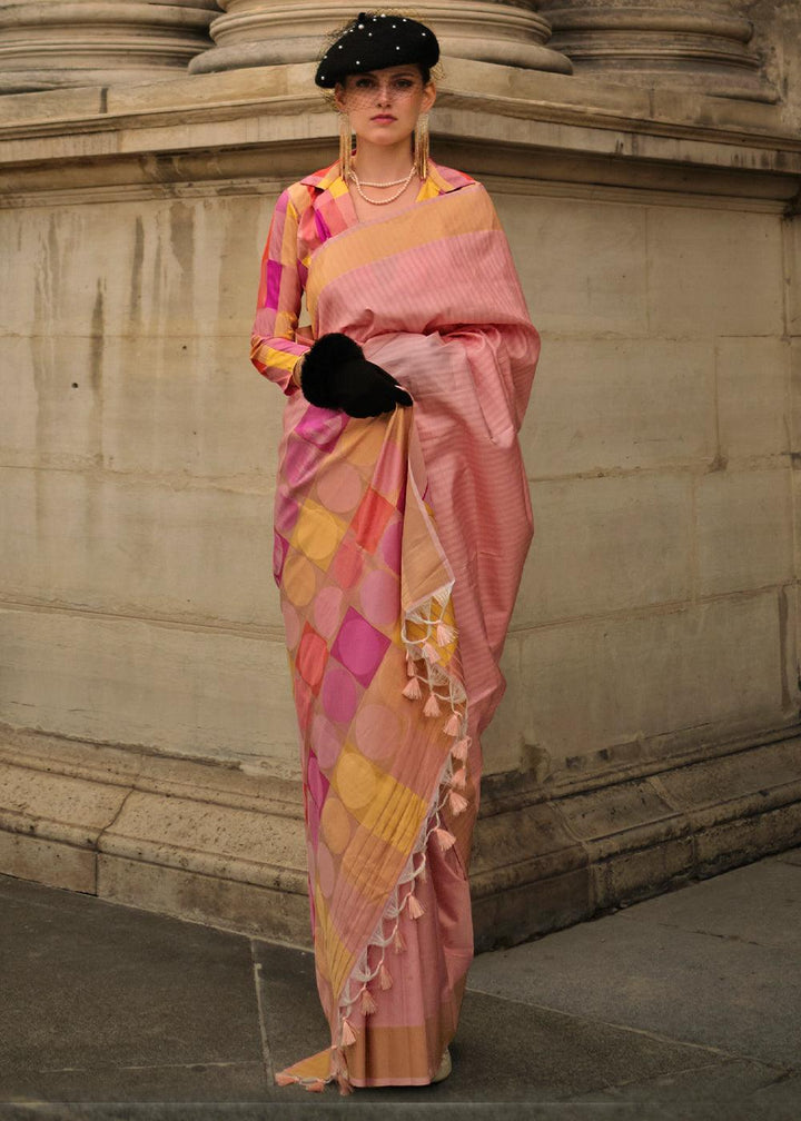 Flamingo Pink Zari Handloom Woven Soft Silk Saree - qivii