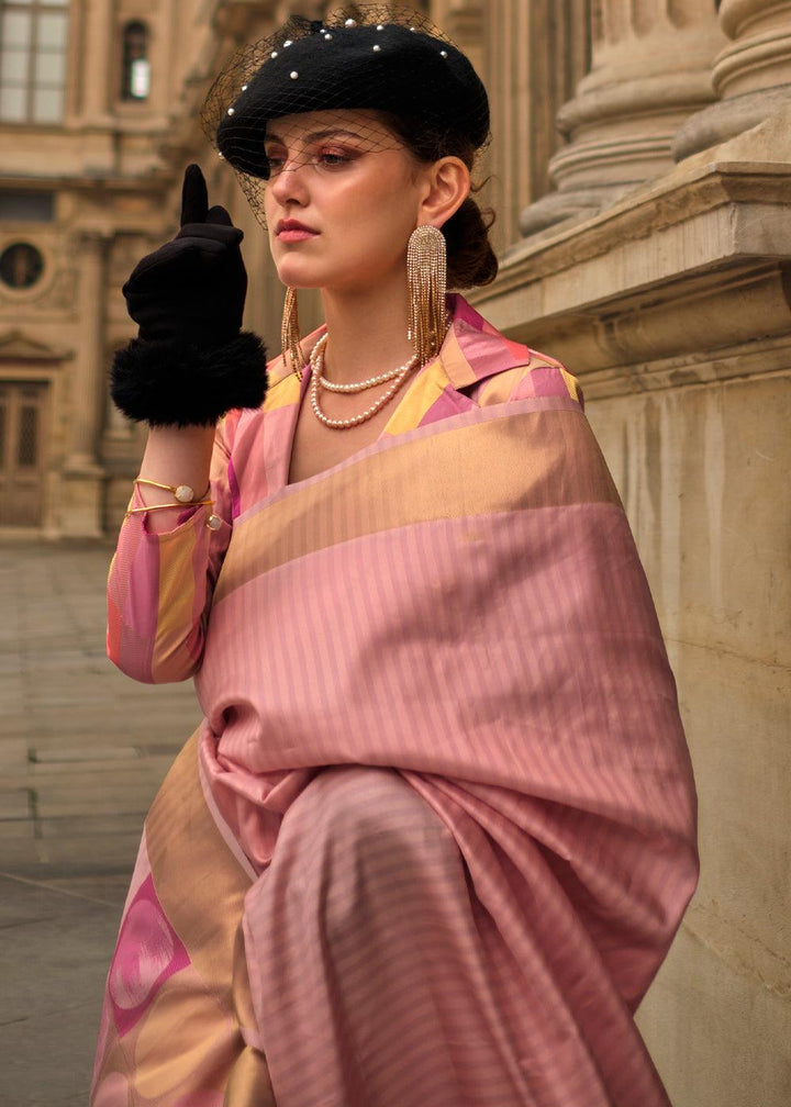 Flamingo Pink Zari Handloom Woven Soft Silk Saree - qivii