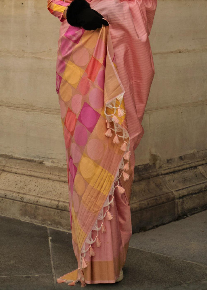 Flamingo Pink Zari Handloom Woven Soft Silk Saree - qivii