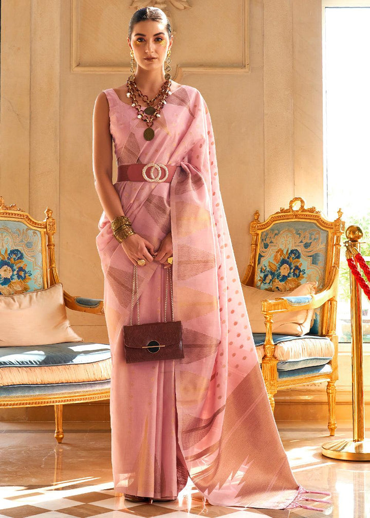 Flamingo Pink Zari Handloom Woven Tissue Silk Saree - qivii