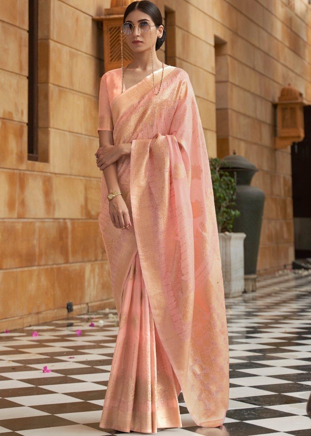 Flamingo Pink Zari Woven Silk Saree with Sequins work | Stitched Blouse - qivii