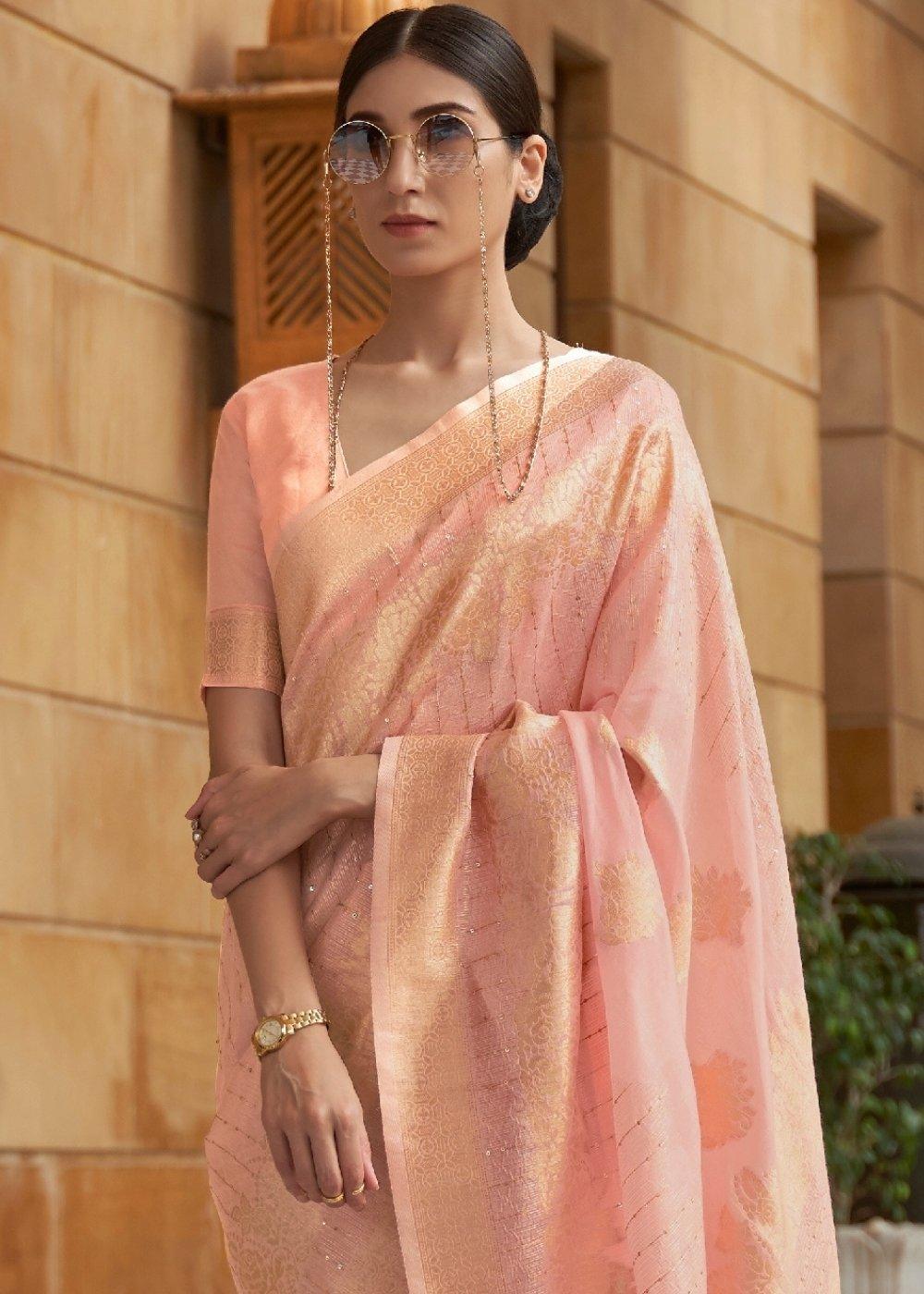 Flamingo Pink Zari Woven Silk Saree with Sequins work | Stitched Blouse - qivii