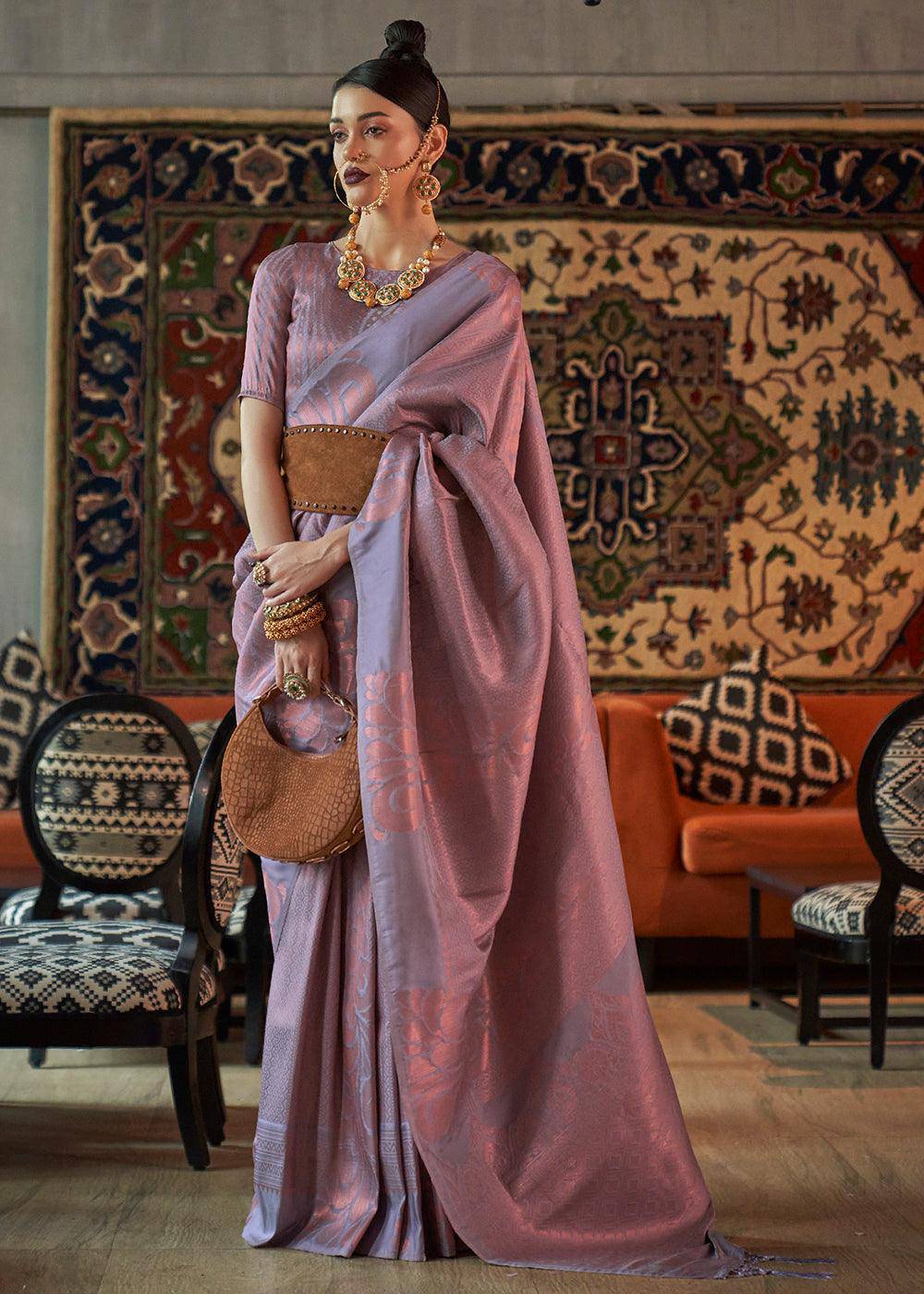 Flint Grey Copper Zari Handloom Weaving Silk Saree | Stitched Blouse - qivii