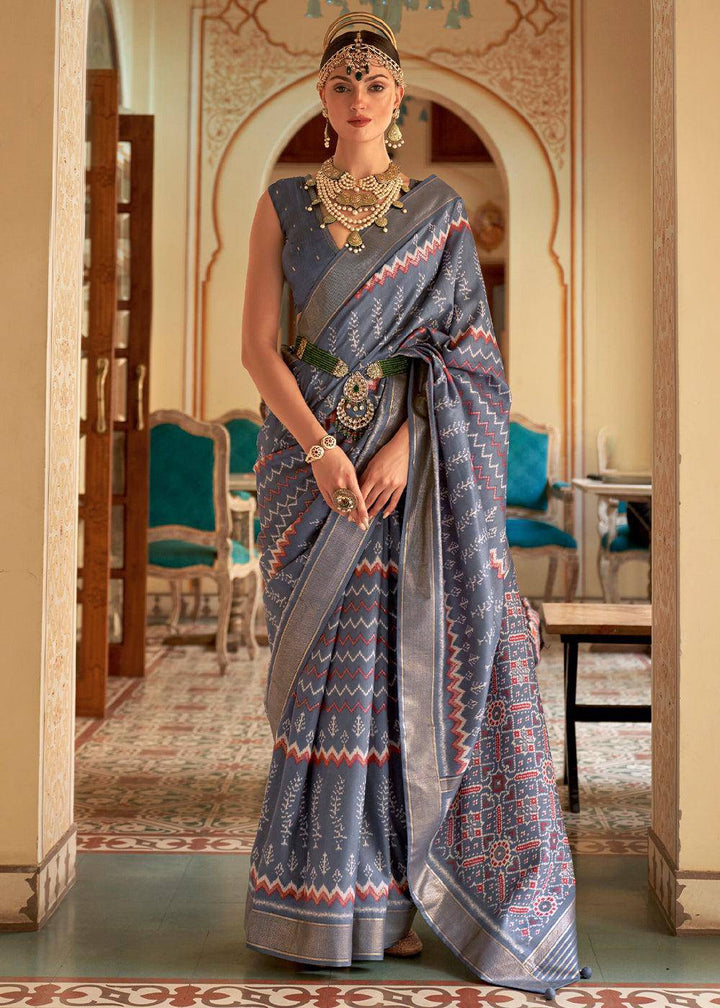 Flint Grey Designer Printed Silk Saree | Stitched Blouse - qivii