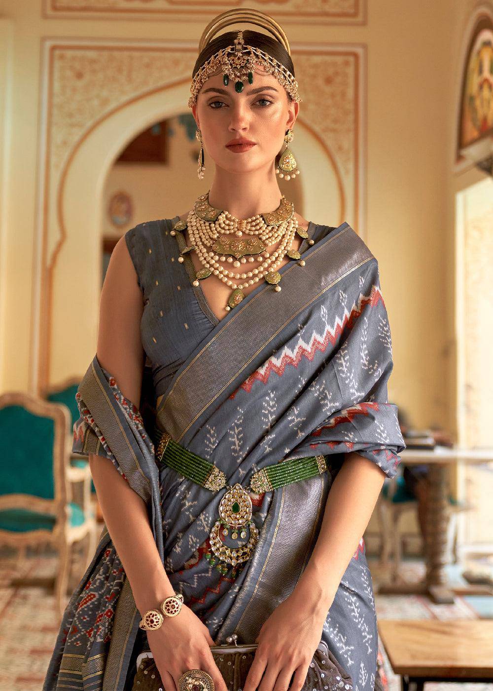 Flint Grey Designer Printed Silk Saree | Stitched Blouse - qivii