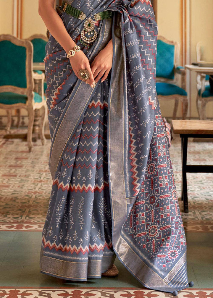 Flint Grey Designer Printed Silk Saree | Stitched Blouse - qivii