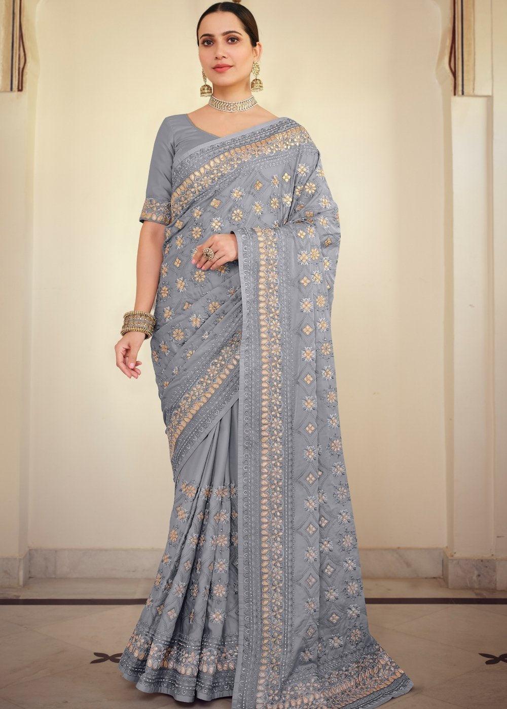 Flint Grey Designer Satin Georgette Saree with Gota & Resham work | Stitched Blouse - qivii