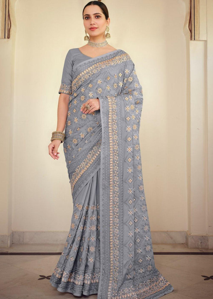 Flint Grey Designer Satin Georgette Saree with Gota & Resham work | Stitched Blouse - qivii