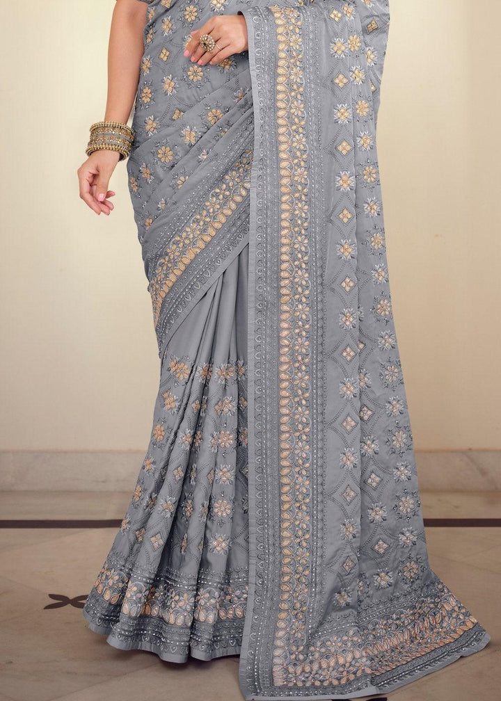 Flint Grey Designer Satin Georgette Saree with Gota & Resham work | Stitched Blouse - qivii