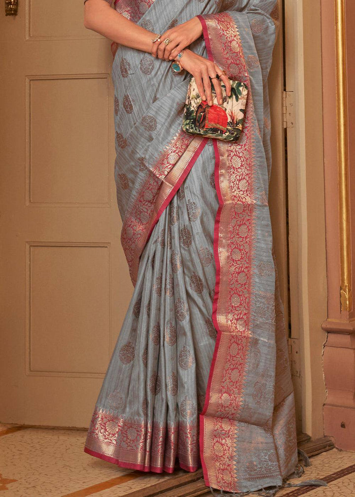 Flint Grey Zari Butta Woven Tussar Silk Saree | Stitched Blouse - qivii