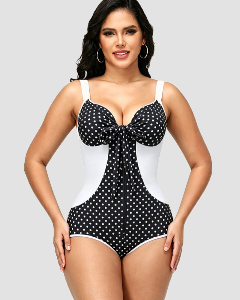 Shapshe® Shaping V Neck Swimsuit with Zipper and Bow  - By Qivii