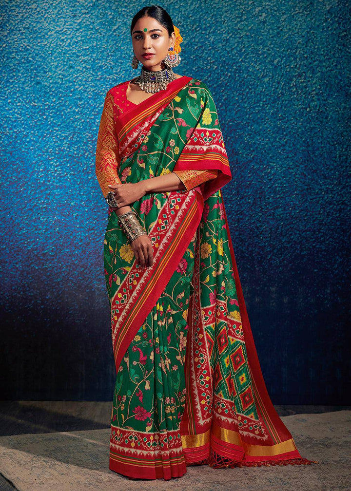 Forest Green & Red Kalamkari Printed Soft Tussar Silk Saree with Patola Pallu | Stitched Blouse - qivii