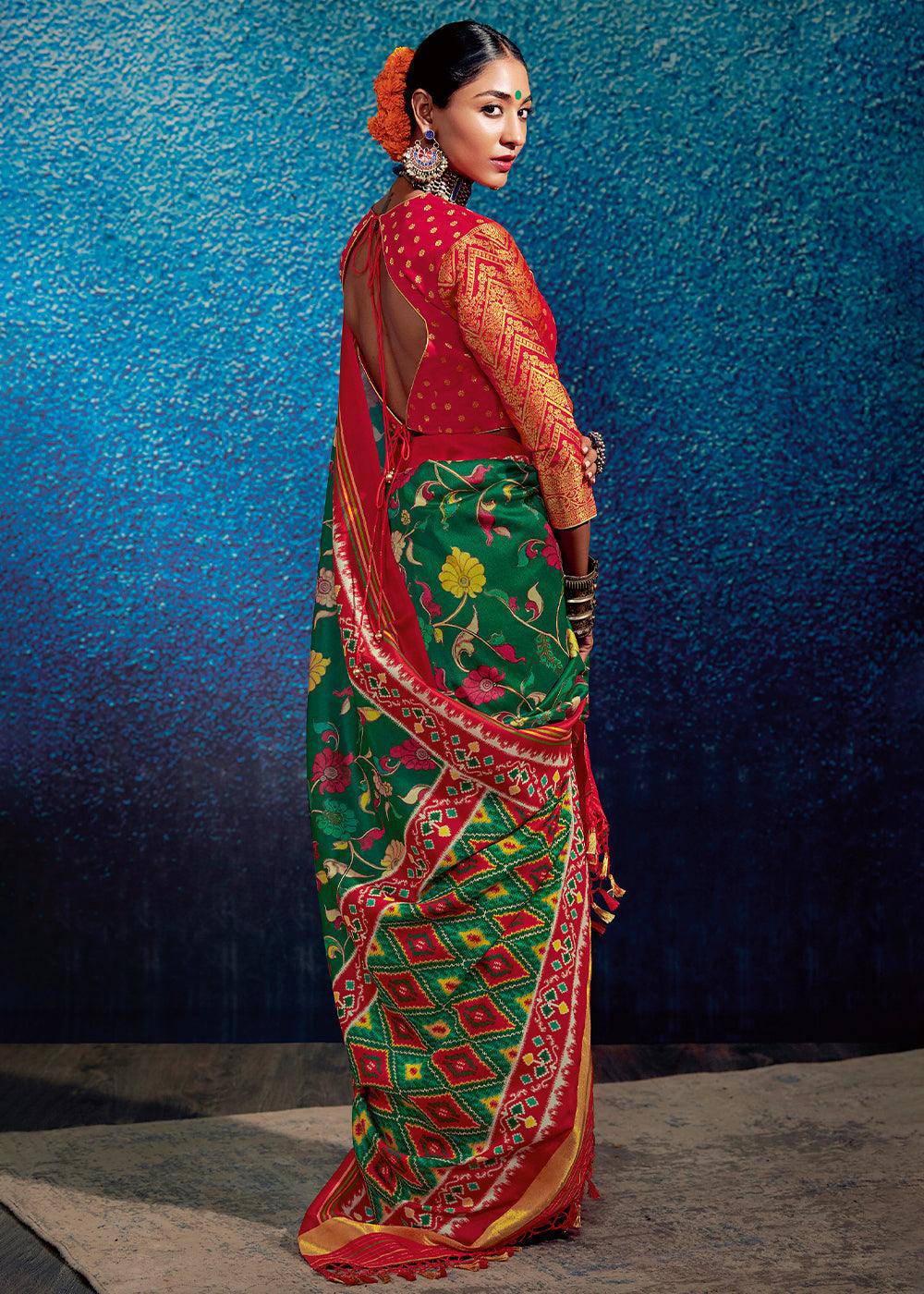 Forest Green & Red Kalamkari Printed Soft Tussar Silk Saree with Patola Pallu | Stitched Blouse - qivii