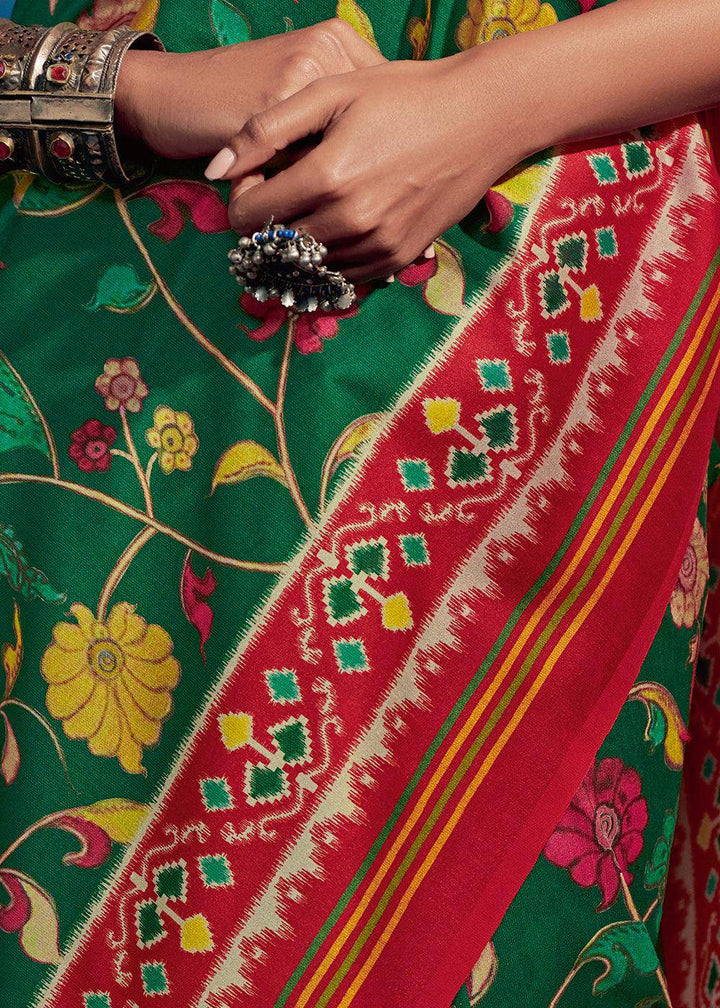 Forest Green & Red Kalamkari Printed Soft Tussar Silk Saree with Patola Pallu | Stitched Blouse - qivii