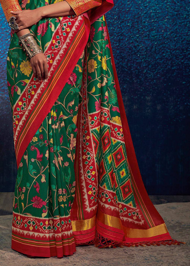 Forest Green & Red Kalamkari Printed Soft Tussar Silk Saree with Patola Pallu | Stitched Blouse - qivii