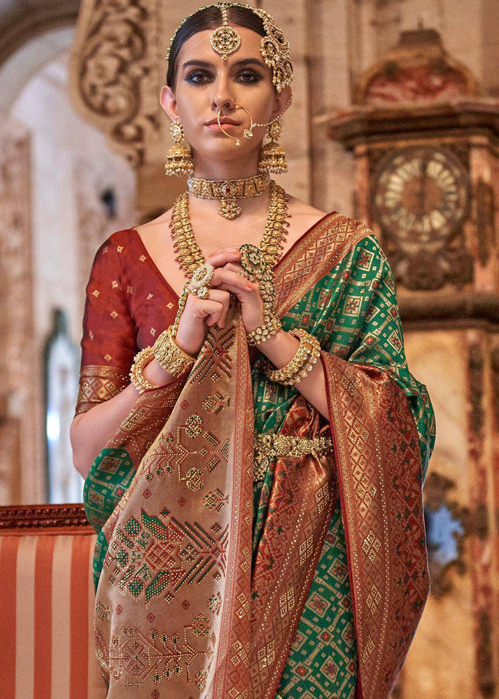 Forest Green Banarasi Jacquard Silk Saree with Swarvoski work | Stitched Blouse - qivii