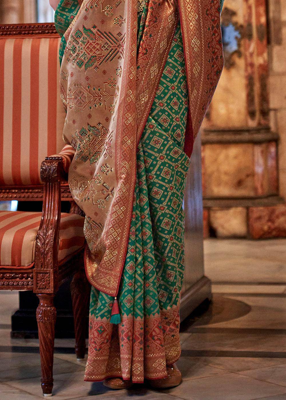 Forest Green Banarasi Jacquard Silk Saree with Swarvoski work | Stitched Blouse - qivii