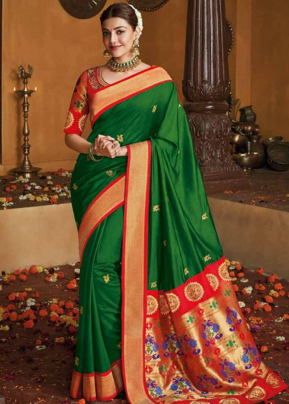 Forest Green Gold Zari Woven Paithani Silk Saree with Designer Blouse | Stitched Blouse - qivii