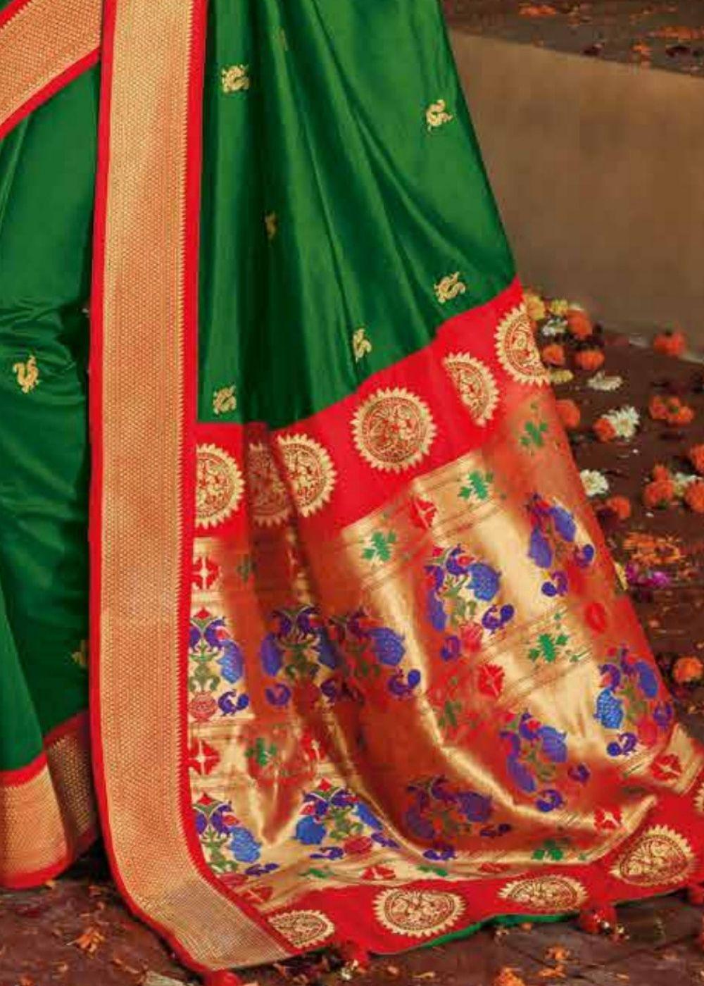 Forest Green Gold Zari Woven Paithani Silk Saree with Designer Blouse | Stitched Blouse - qivii