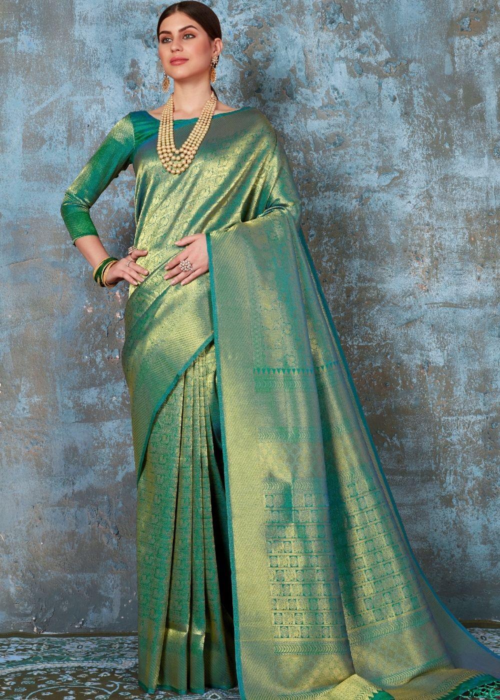 Forest Green Handloom Weave Kanjivaram Silk Saree : Special Wedding Edition | Stitched Blouse - qivii