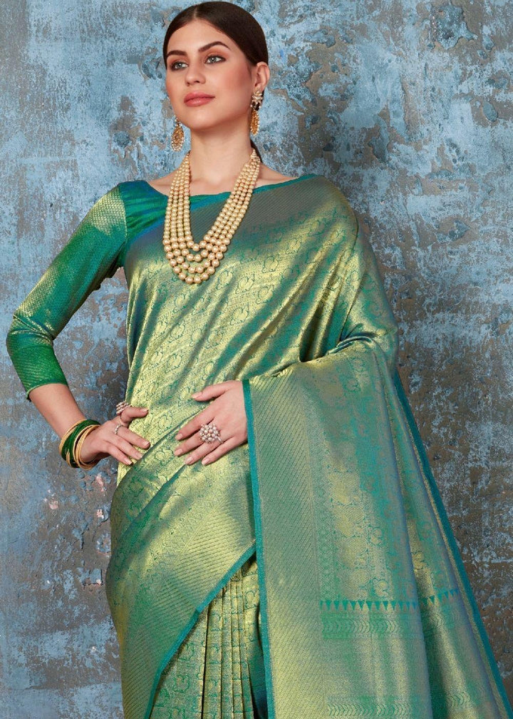 Forest Green Handloom Weave Kanjivaram Silk Saree : Special Wedding Edition | Stitched Blouse - qivii