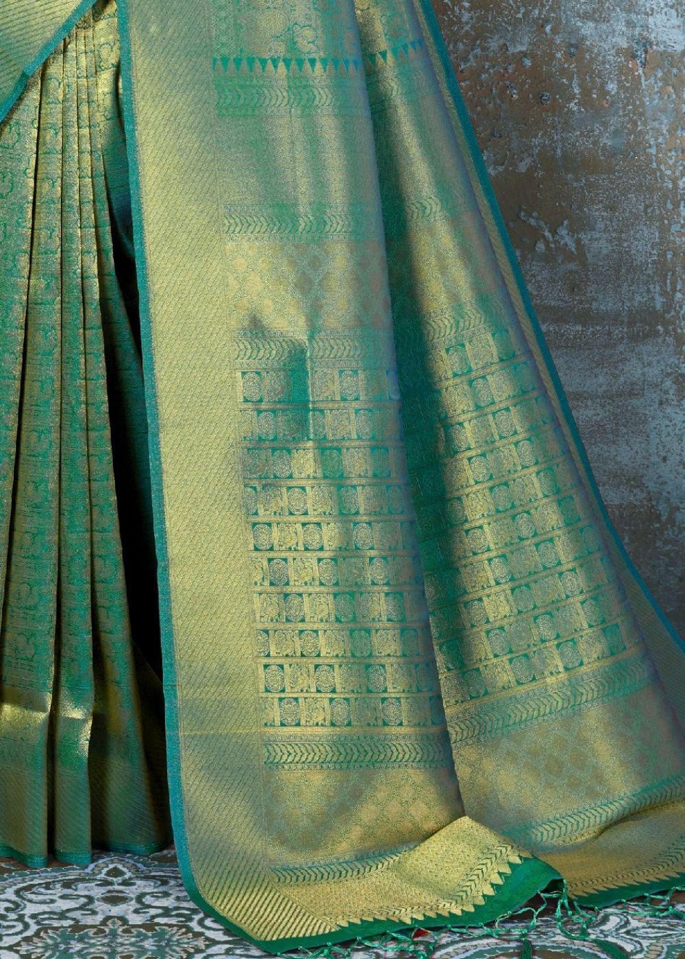 Forest Green Handloom Weave Kanjivaram Silk Saree : Special Wedding Edition | Stitched Blouse - qivii