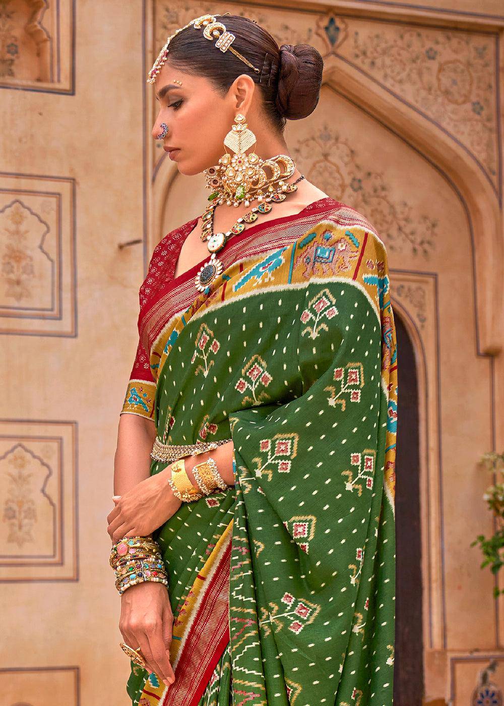 Forest Green Patola Printed Designer Silk Saree | Stitched Blouse - qivii